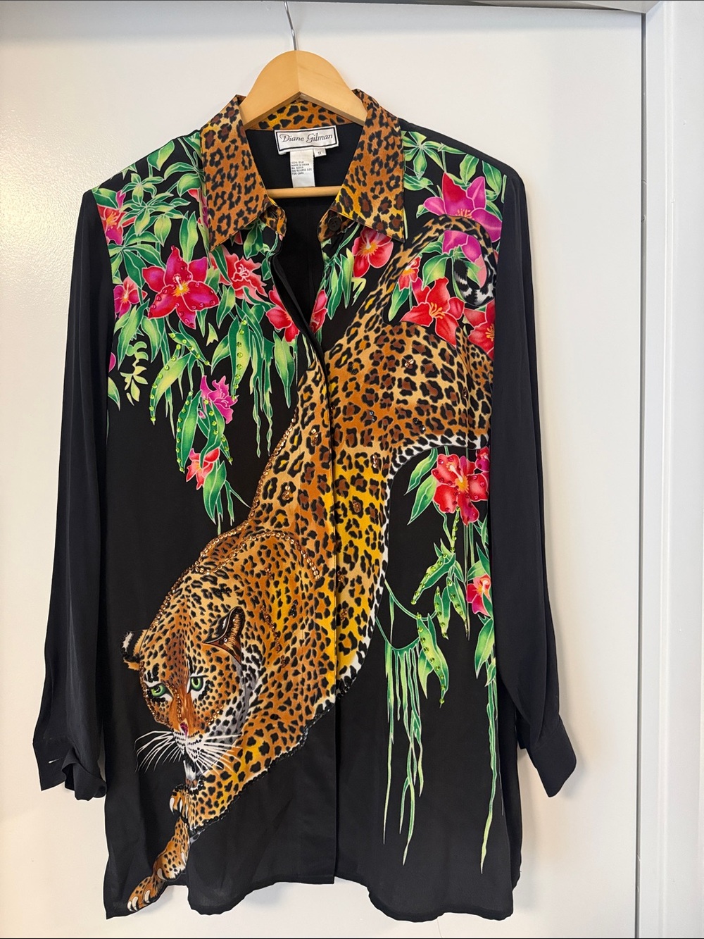 Diane Gilman Black Button-Down Shirt with Leopard & Tropical Floral Print